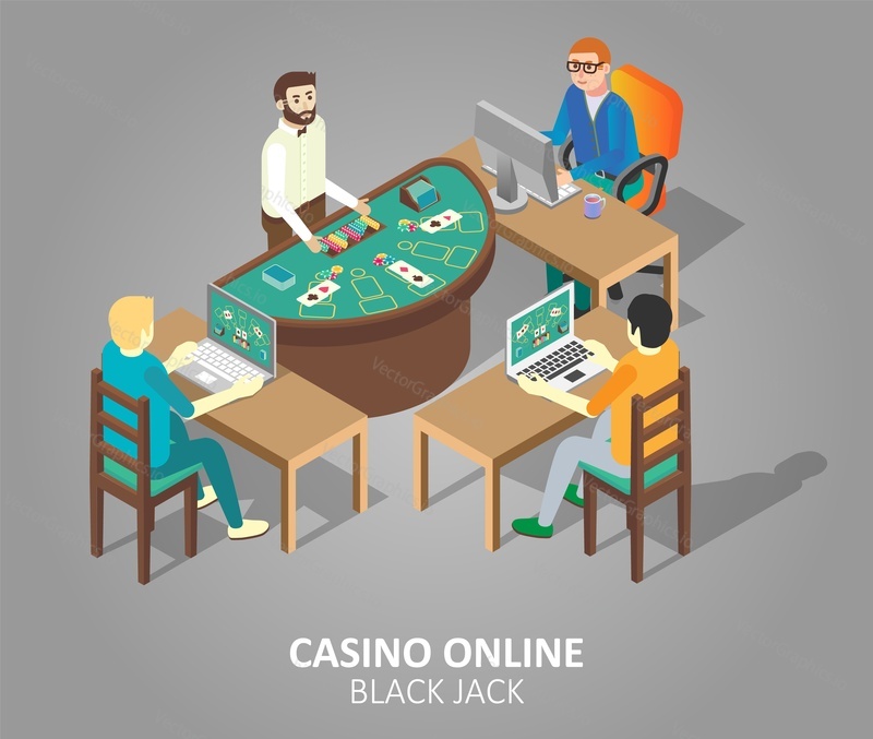 Casino online blackjack game concept. Vector isometric illustration of people playing casino game at virtual blackjack table while using desktop computer and laptop.