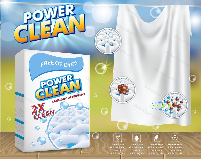 Powder laundry detergent advertising poster. Vector realistic illustration. Washing powder carton package design template and clean white bed sheet or tablecloth hanging on clothesline.