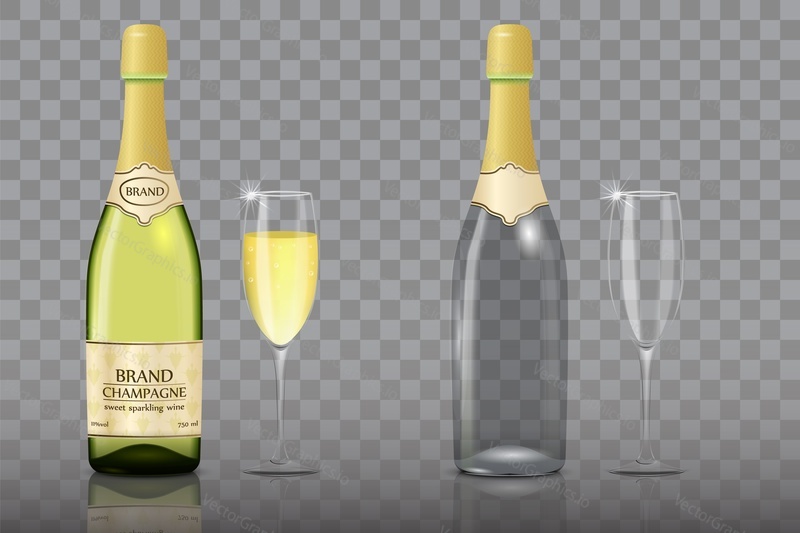 Empty and full champagne bottle with wine glass mockup set. Vector realistic illustration isolated on transparent background.