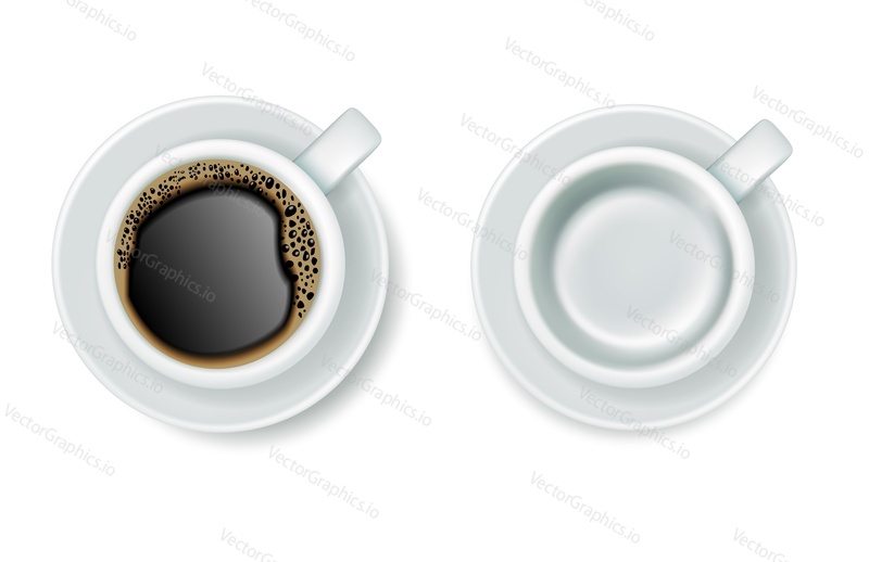 Vector realistic top view cup of coffee and empty coffee cup with saucers. Coffee poster, banner, flyer design elements.