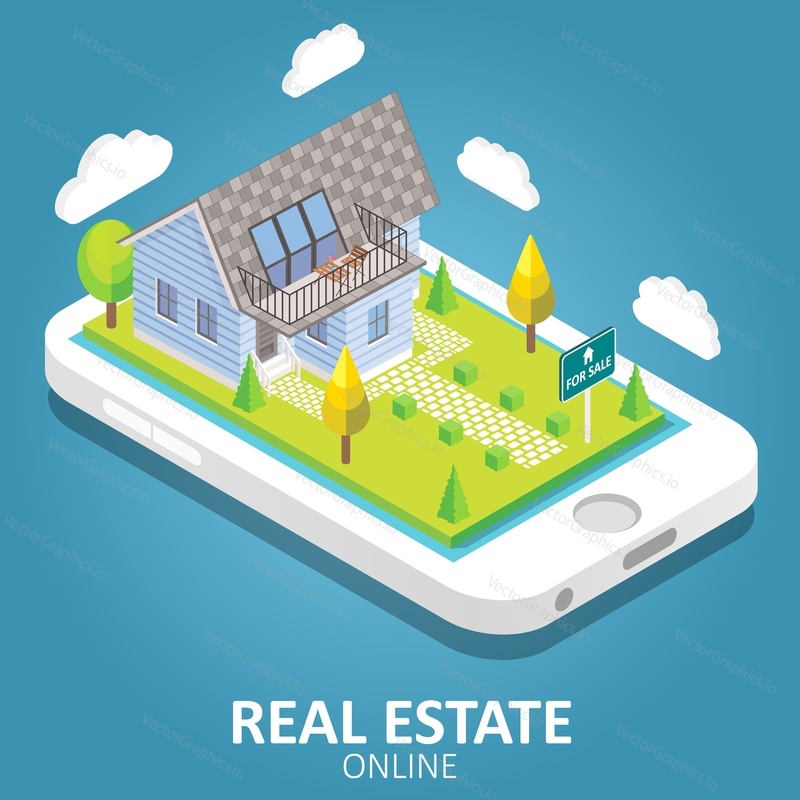 Real estate online concept. Vector isometric illustration. Smartphone with house building, for sale sign. Mobile app design template.