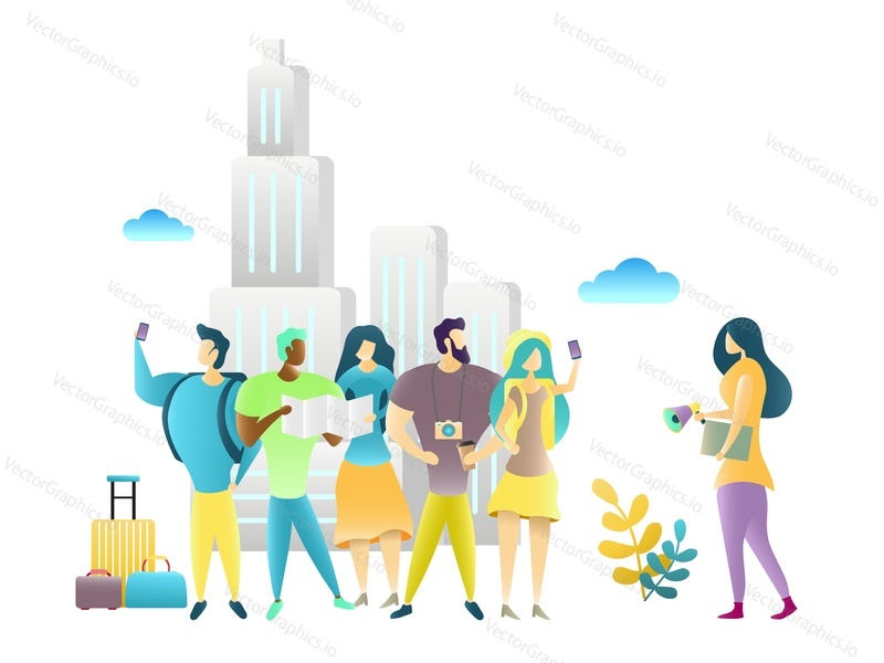 City tour with travel guide, vector illustration. Group of tourists travelers with map guidebook and backpacks. Tour guide services concept.