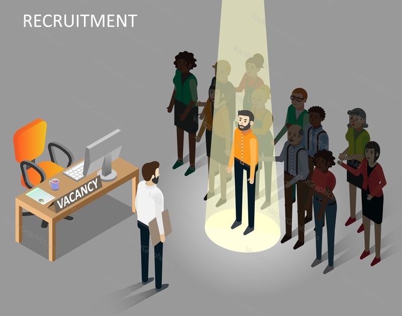Staff recruitment or hiring concept. Vector isometric illustration of empty office chair, desk with computer and vacancy sign, employer and people searching for job.