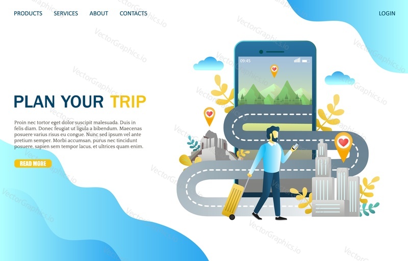 Plan your trip vector website template, web page and landing page design for website and mobile site development. Tourist traveling using his smartphone with previously saved favorite places on map.