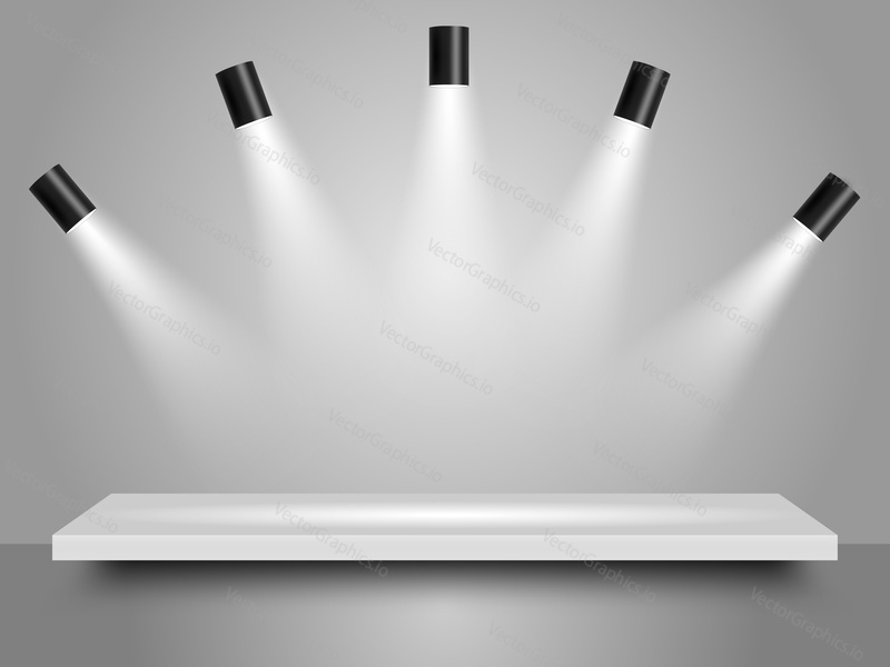 Shelf with spotlights, vector realistic illustration. Home lighting, ceiling light with six spot lights concept.