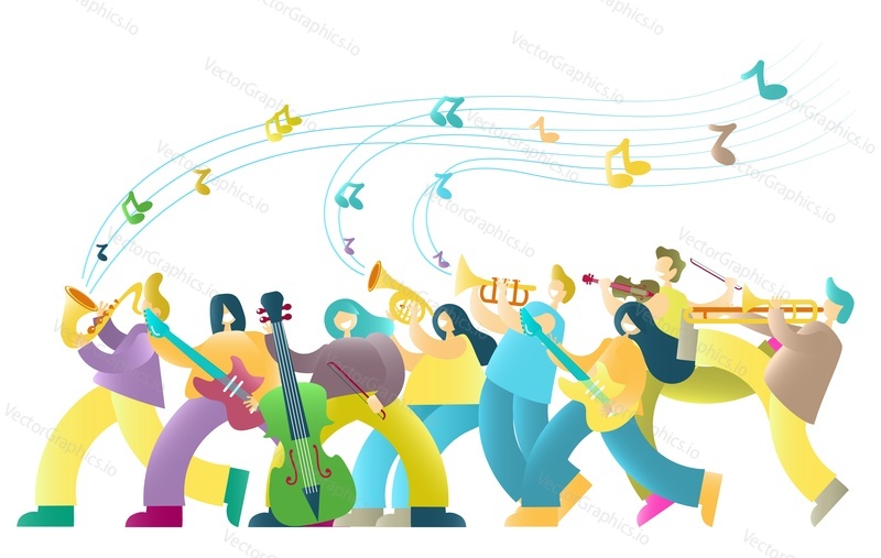 Music festival vector poster banner template with musicians color cartoon characters playing saxophone, guitar, double bass, french horn, trumpet, violin and trombone.