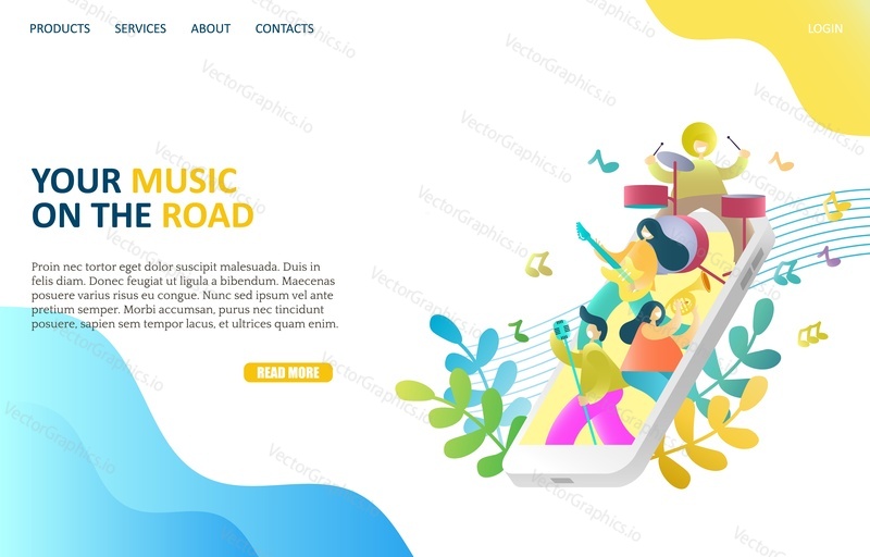 Your music on the road vector website template, web page and landing page design for website and mobile site development. Smartphone with people singing playing musical instruments. Music app concept.
