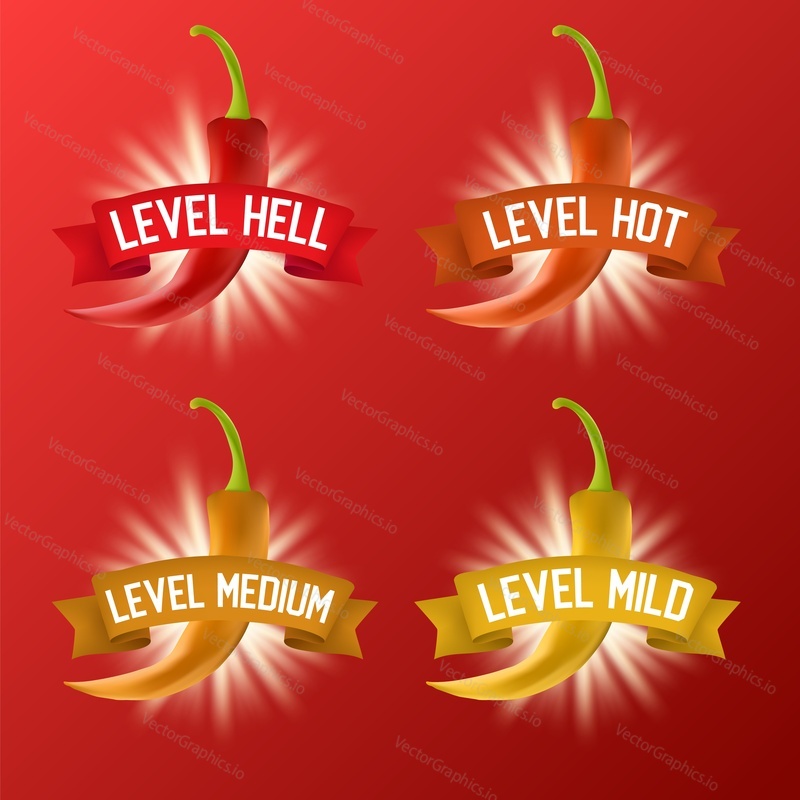 Red hot chili pepper heat scale. Vector realistic illustration. Mild, medium, hot and hell levels.