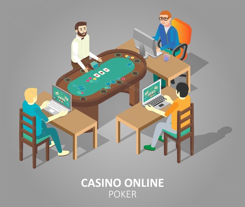 Casino online poker game concept. Vector isometric illustration of people playing casino game in virtual poker room at gambling table while using desktop computer and laptop.