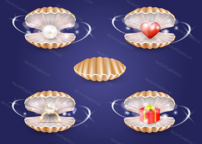 Beautiful marine pearl shell box set. Vector realistic mother-of-pearl seashells with shining pearl, engagement ring, red heart and gift box.