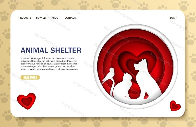 Animal shelter vector website template, web page and landing page design for website and mobile site development. Stray animal pound, rescue or rehoming centre paper cut art concept.