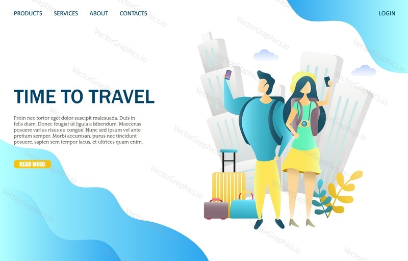 Time to travel vector website template, web page and landing page design for website and mobile site development. Couple travelers with suitcases and backpacks taking selfie.