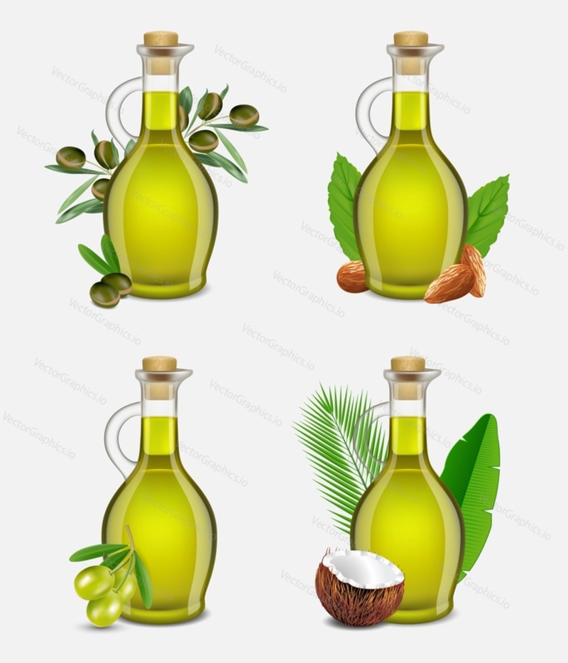 Набор арганового, оливкового, кокосового и миндального масел. Векторная реалистичная иллюстрация различных видов масла в стеклянных бутылках с фруктами, орехами, листьями, используемых в кулинарии и косметике.