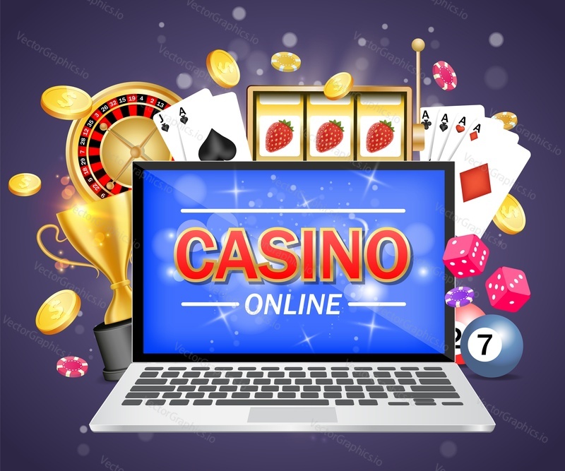 Online casino vector poster banner design template. Laptop, roulette wheel, playing cards, slot game, poker chips, dices, dollar coins, trophy cup. Online gambling concept.