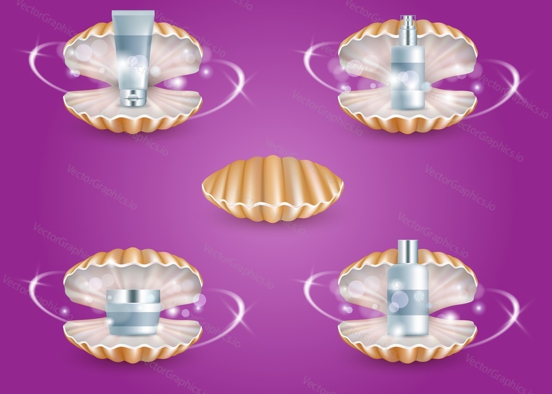 Cosmetic container inside of mother of pearl seashell scallop. Vector realistic illustration. Skin care beauty product ad.