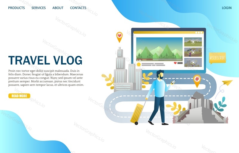 Travel vlog vector website template, web page and landing page design for website and mobile site development. Video blogging concept.