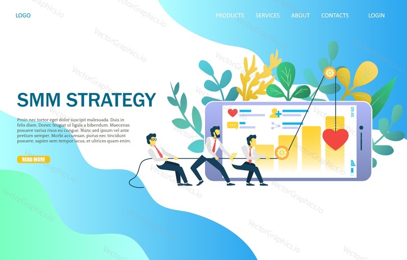 SMM strategy vector website template, web page and landing page design for website and mobile site development. Social media marketing concept.