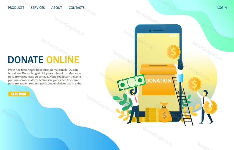 Donate online vector website template, web page and landing page design for website and mobile site development. Group of donors putting money in smartphone donation box. Charity fundraising concept.