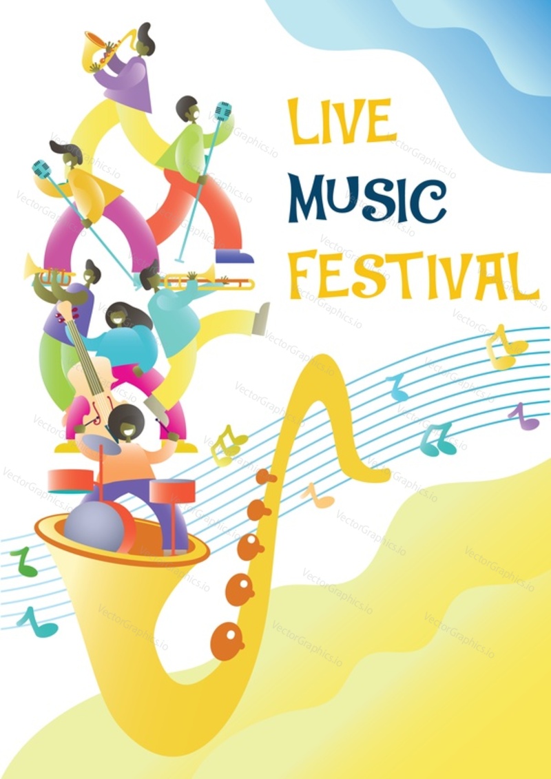 Live music festival vector promotional poster design template. Big saxophone with musicians playing musical instruments and singing. Jazz band concert.