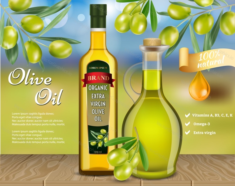 Olive oil advertising template. Vector realistic olive oil glass bottle and jug with olive branches and copy space.