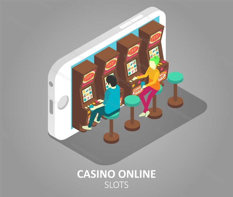 Casino online mobile slots concept. Vector isometric illustration of gamblers playing mobile slot machine game on smartphone.
