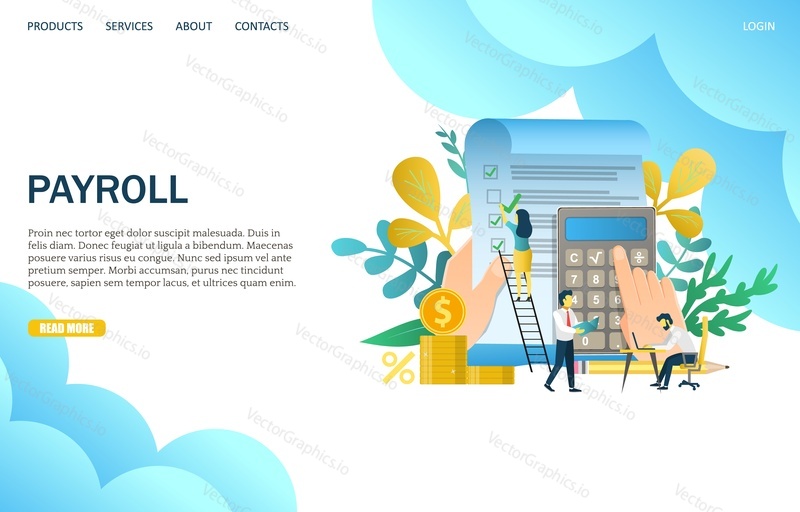 Payroll vector website template, web page and landing page design for website and mobile site development. Paysheet, salary calculation concept.
