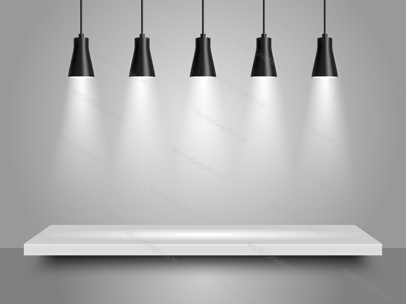 White empty shelf with spotlights, vector realistic illustration. Home lighting and ceiling lights concept.