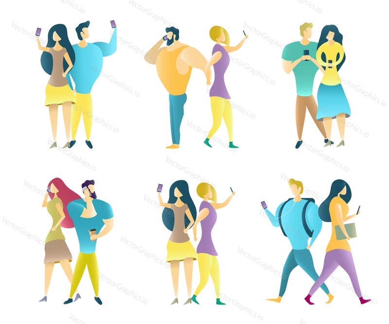 Couples using mobile phones. Vector illustration isolated on white background. Young pairs talking, listening to music, taking selfie, emailing, texting messages on the move.