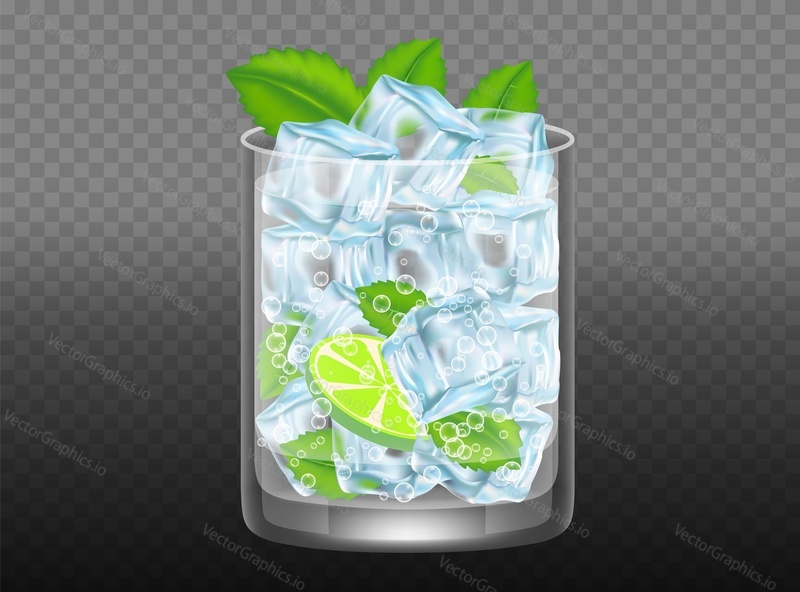 Glass of mojito cocktail with fresh sliced lime, ice cubes, mint leaves. Vector illustration isolated on transparent background.