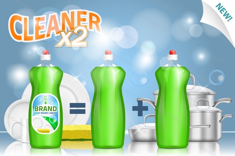 Dish detergent promo poster. Vector 3d realistic illustration of dishwashing liquid plastic bottles. 2 in 1 dish cleaner plus hand soap ad.