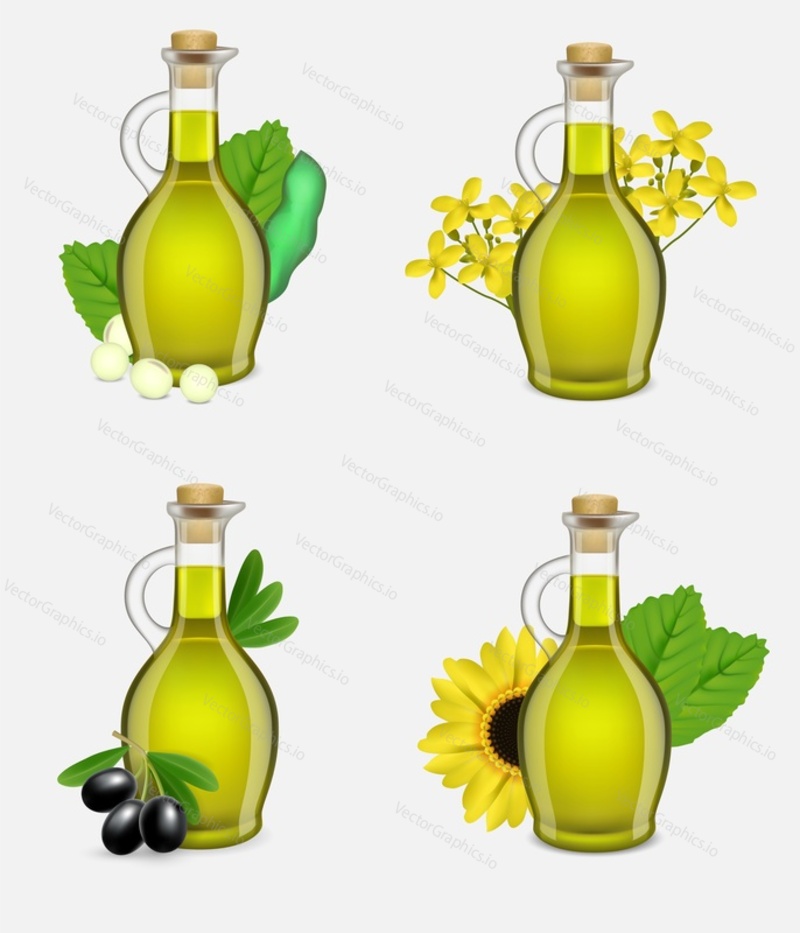 Different types of vegetable oil bottle set. Vector realistic illustration of soy, olive, sunflower and mustard oil glass bottles. Natural cooking ingredients.
