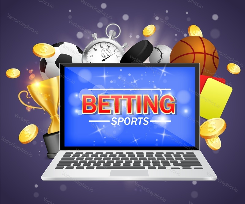 Online sports betting vector poster banner design template. Laptop and soccer basketball baseball balls, stopwatch, hockey puck, yellow and red referee cards, trophy award cup and dollar coins.