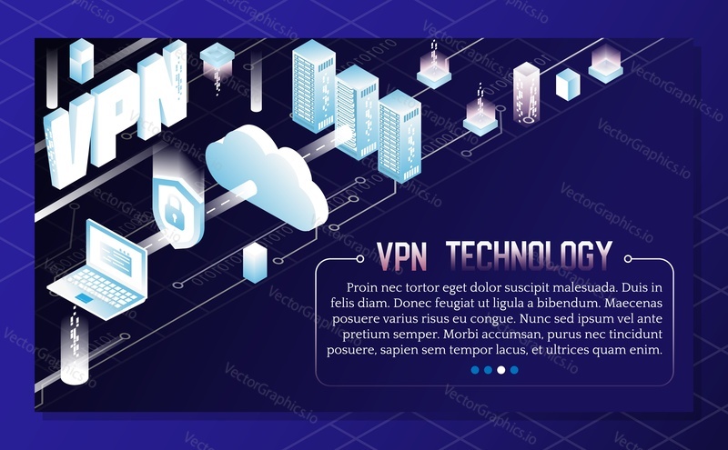 VPN technology abstract background. Vector isometric virtual server room, cloud data, laptop user device, shield with padlock data security icon and copy space.