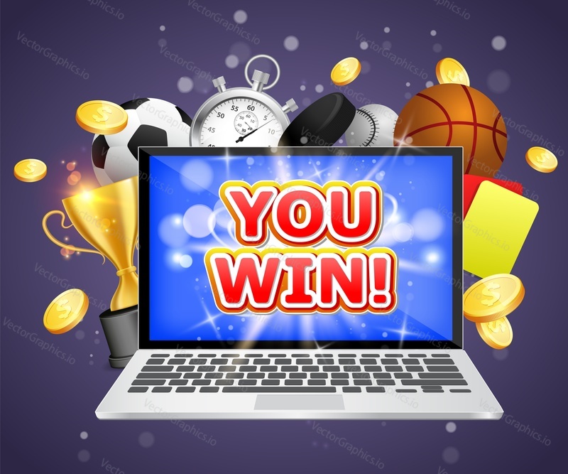 You win, vector poster banner design template. Laptop, soccer basketball baseball balls, stopwatch, hockey puck, yellow and red referee cards, trophy cup and coins. Sports betting winner concept.
