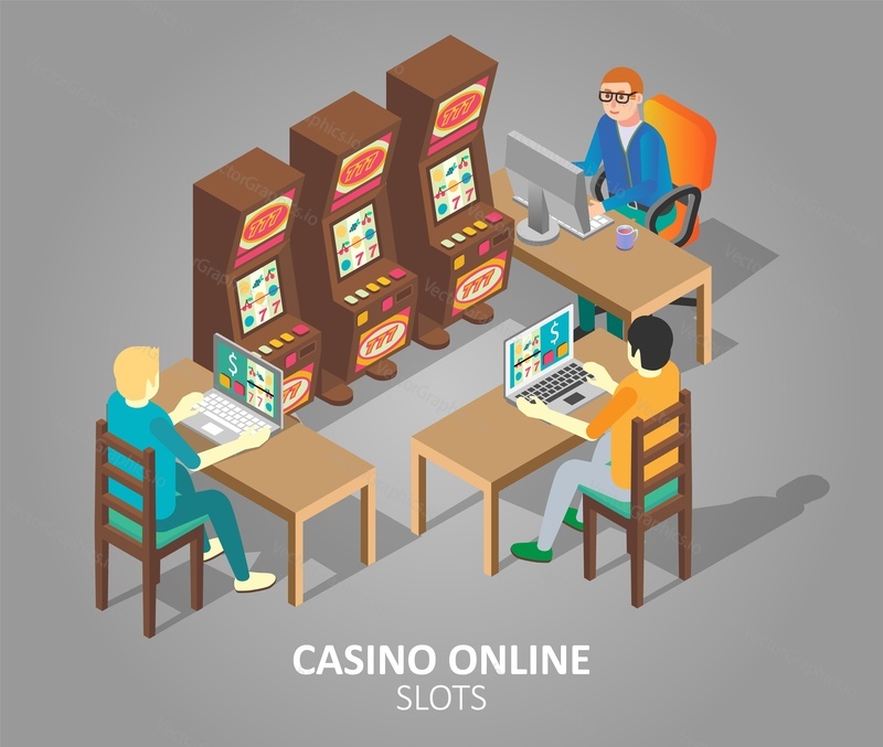 Casino online slots concept. Vector isometric illustration of gamblers playing online slot game on desktop computer and laptop.
