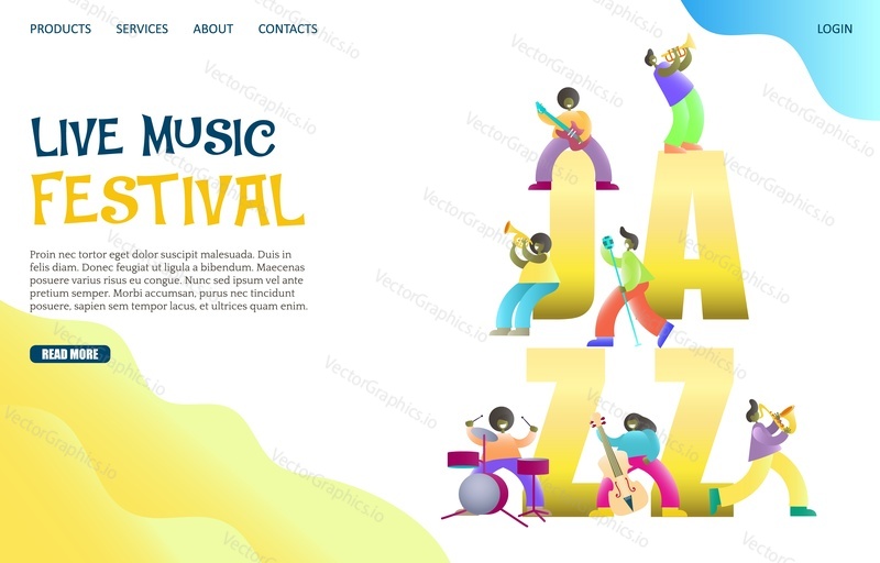 Live music festival vector website template, web page and landing page design for website and mobile site development. Jazz band concert.