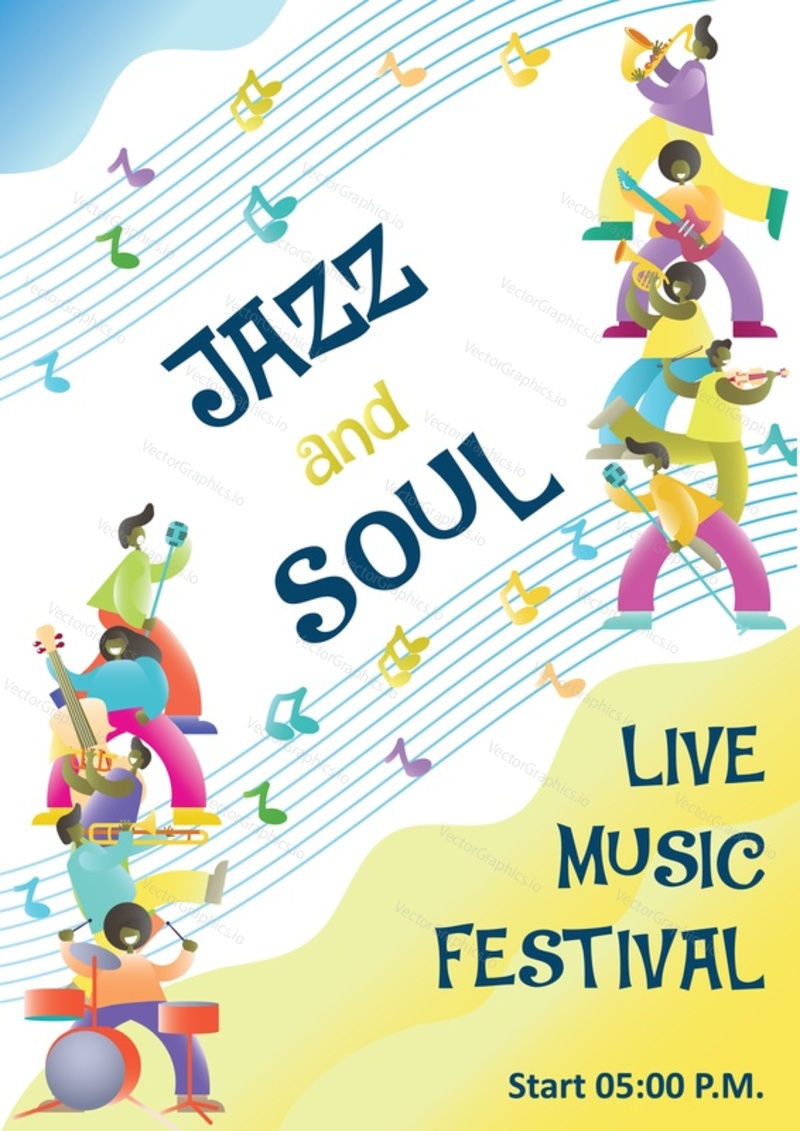 Live music festival start announcement vector poster design template. Jazz music players with musical instruments and microphones. Jazz and soul concept for flyer brochure etc.