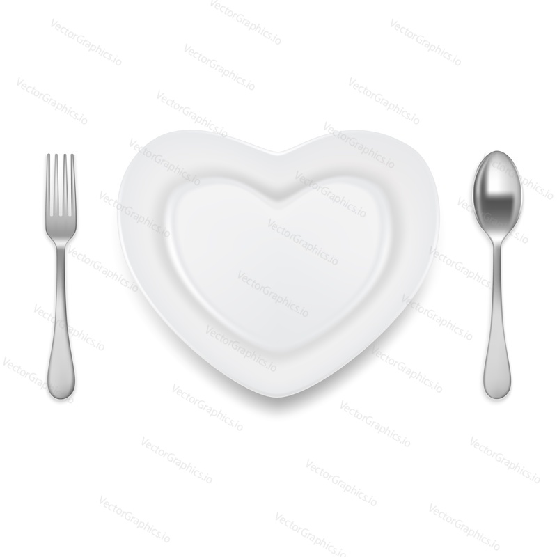 White empty plate in shape of heart, spoon, fork. Vector realistic illustration isolated on white background.