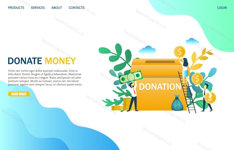 Donate money vector website template, web page and landing page design for website and mobile site development. Group of donors putting money in donation box. Charity funding concept.