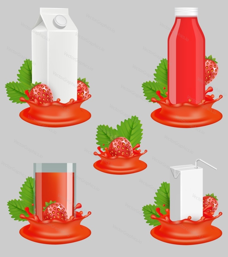 Strawberry juice package mockup set. Vector realistic illustration of natural fruit juice in glass, plastic bottle and carton pack with liquid splash, ripe fresh berries and leaves.