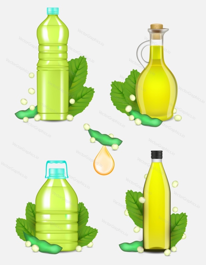 Soy oil set. Vector realistic illustration of vegetable soybean oil plastic and glass bottles with soy plant beans and leaves.