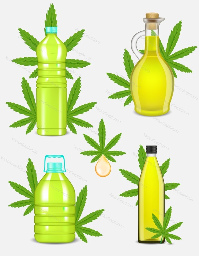 Cannabis oil set. Vector realistic illustration of plastic and glass bottles of hemp oil with cannabis plant leaves.