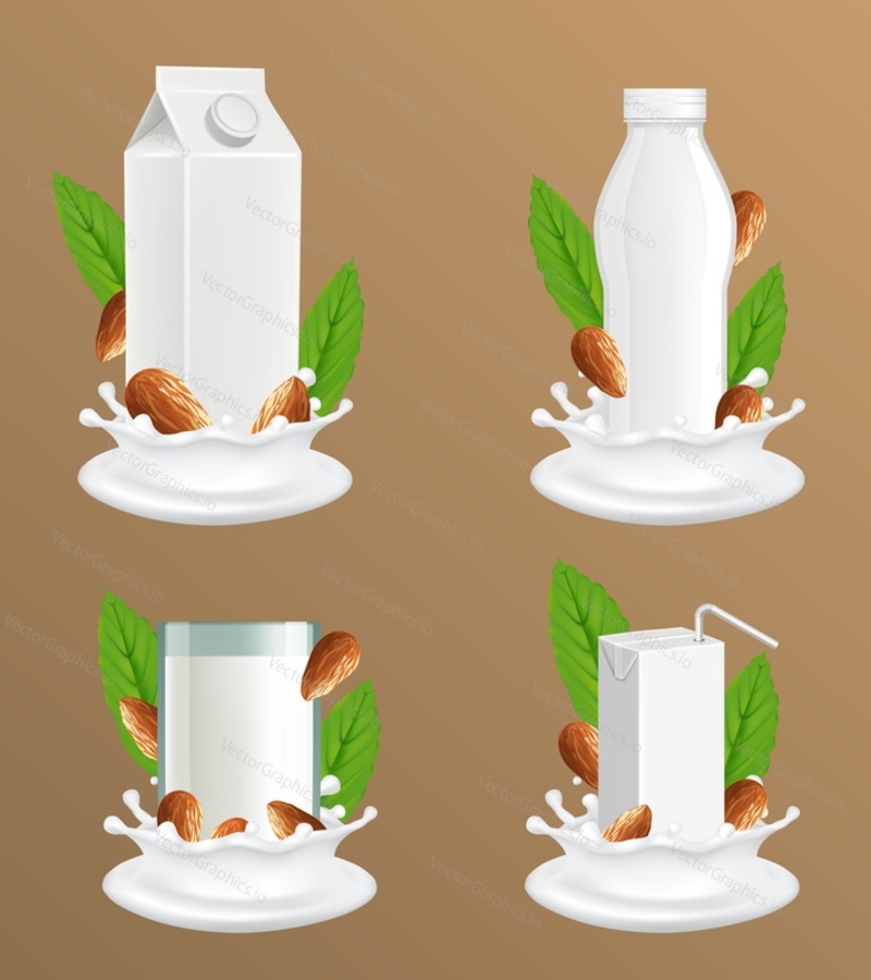 Almond milk package mockup set. Vector realistic illustration of dairy free, vegan nut milk in glass, white blank plastic bottle and carton paper pack with liquid splash and nuts.