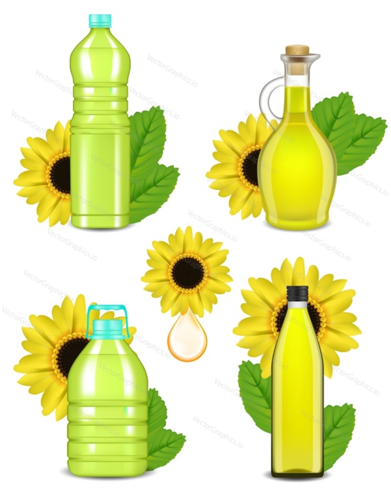 Набор подсолнечного масла. Векторная реалистичная иллюстрация пластиковых и стеклянных бутылок с растительным маслом для приготовления пищи с растениями подсолнечника.