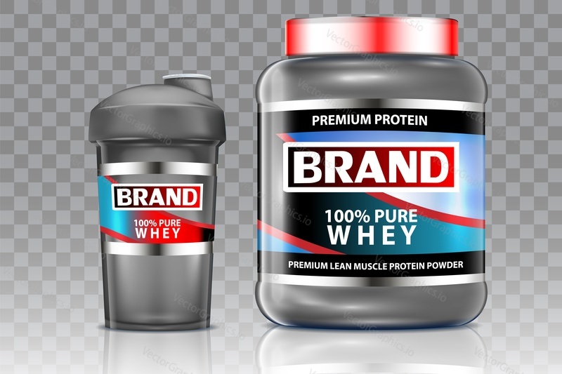 Whey protein and sports cocktail shaker mock up set. Vector realistic illustration isolated on transparent background. Protein powder sports nutrition product brand packaging design template.