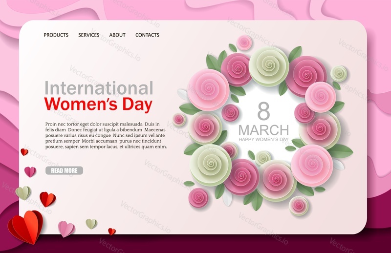 International Womens Day vector website template, web page and landing page design for website and mobile site development. March 8 Mothers Day concept with paper cut pink roses.