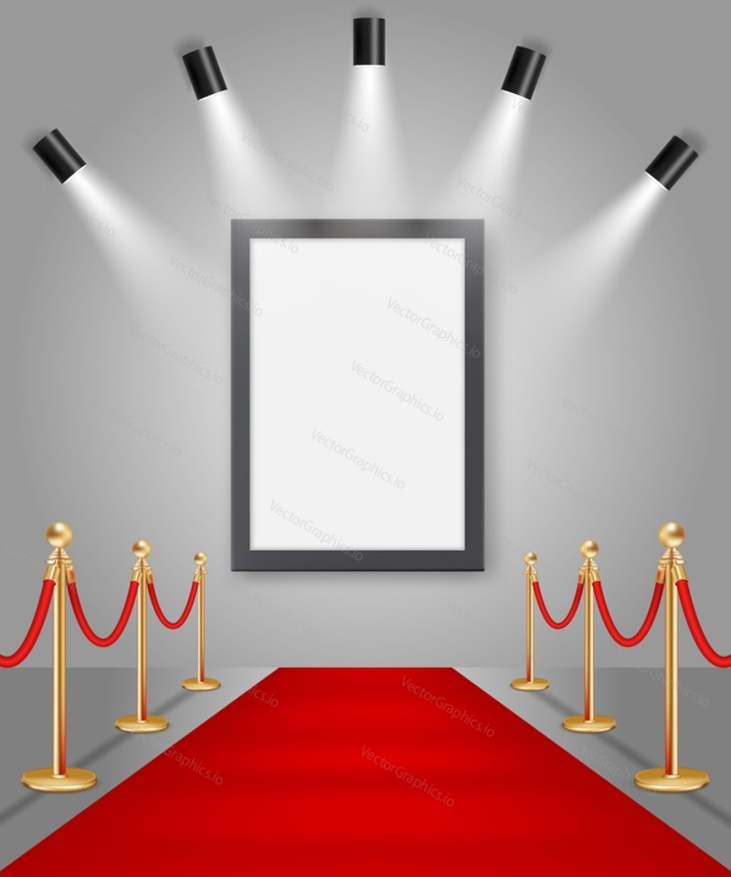 Empty wall picture mockup illuminated by spotlights. Vector realistic illustration. Art gallery interior with red carpet and gold barriers.