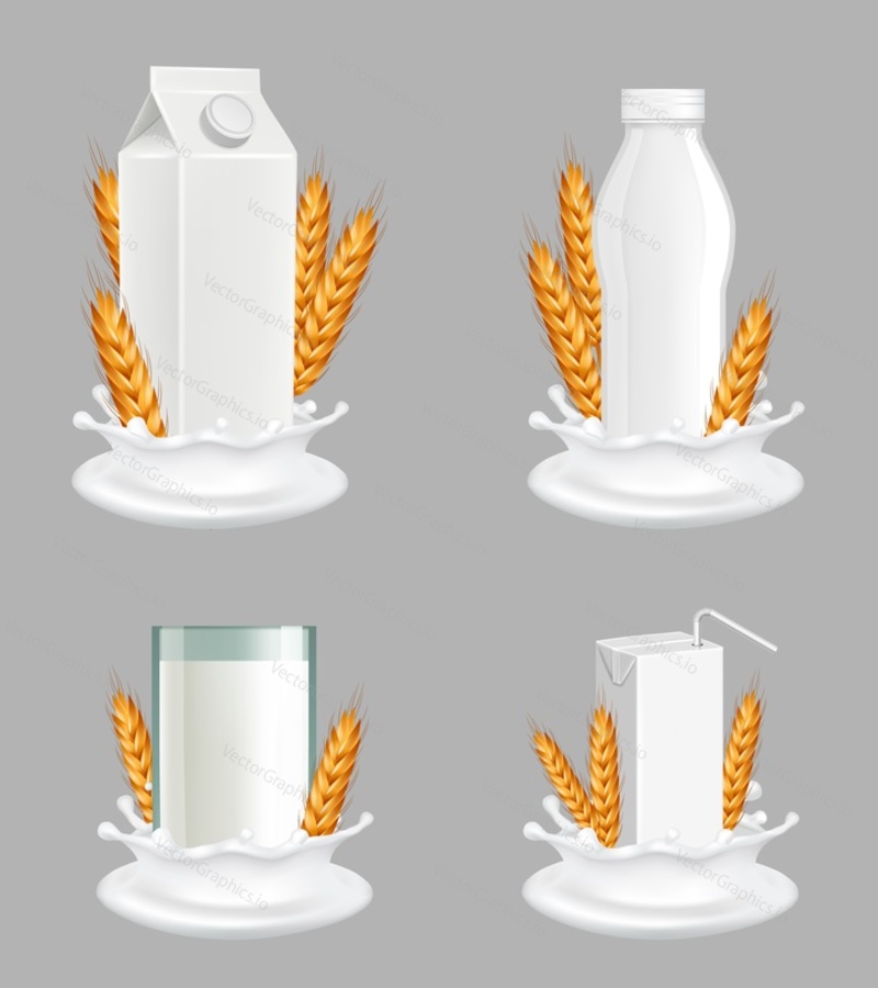 Rice milk package mockup set. Vector realistic illustration of beneficial vegan milk in glass, white blank plastic bottle and carton paper pack with liquid splash and rice plant spikelets.