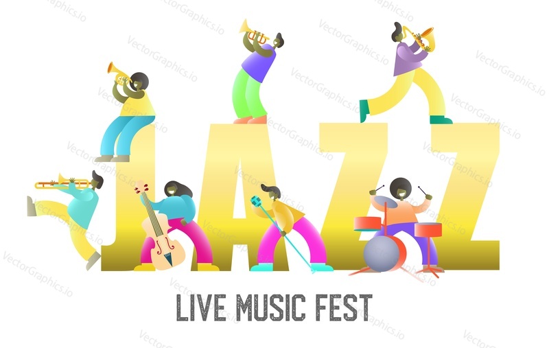 Live music fest vector poster banner template. Jazz in capital letters, music players with guitar, drums, trombone, trumpet, saxophone, french horn, double bass and microphone.