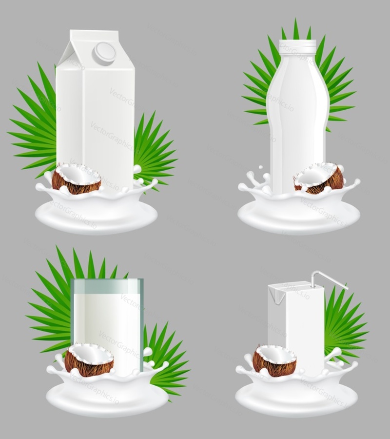 Coconut milk package mockup set. Vector realistic illustration of beneficial vegan milk in glass, white blank plastic bottle and carton paper pack with liquid splash and coconuts.
